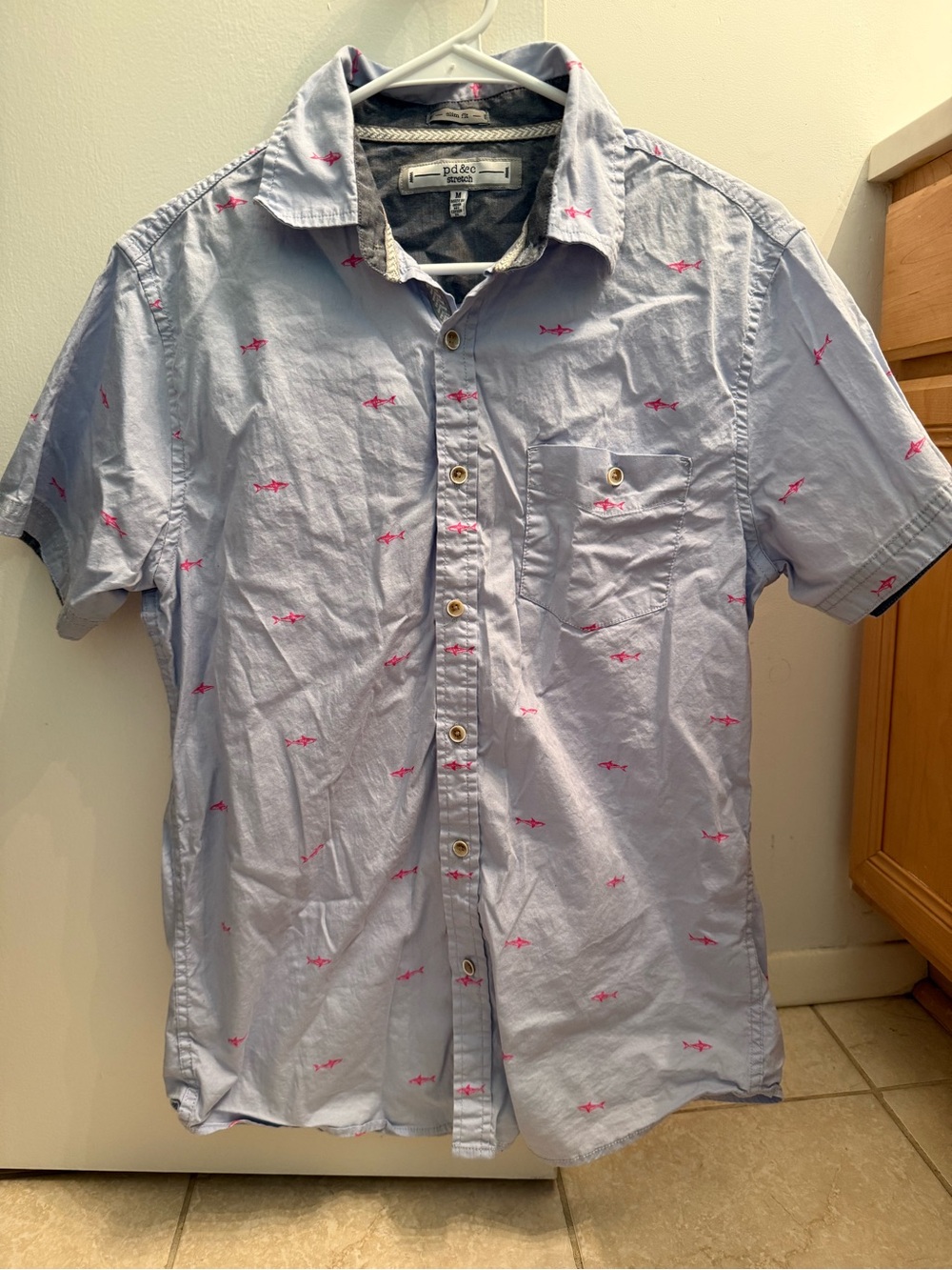 Pd&c Stretch Slim Fit Light Blue Short-Sleeve Shirt with Pink Shark Embroidery